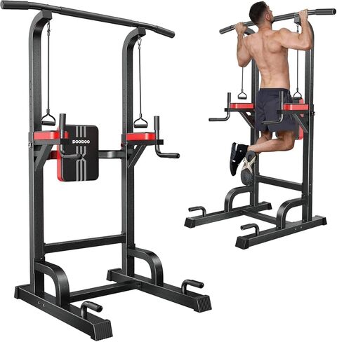 Pooboo Power Tower Dip Station سحب ما يصل بار للياقة البدنية في المنزل الصالة الرياضية، 450 رطلاً متعدد الوظائف قابل للتعديل ارتفاع اللياقة البدنية معدات تدريب القوة، مع حبال مرنة قوية in Saudi Arabia