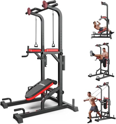 Pooboo Power Tower Dip Station سحب ما يصل بار للياقة البدنية في المنزل الصالة الرياضية، 450 رطلاً متعدد الوظائف قابل للتعديل ارتفاع اللياقة البدنية معدات تدريب القوة، مع حبال مرنة قوية in Saudi Arabia