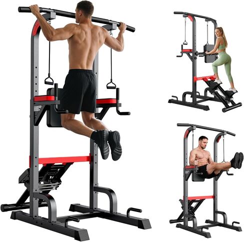 Power Tower Pull Up Bar Free Standing,Multi-Level Adjustable Height Dip Station, Multi-Grip Handles,Backrest,Home Gym Strength Training Equipment with Power Elastic Ropes 400LBS Capacity in Kuwait