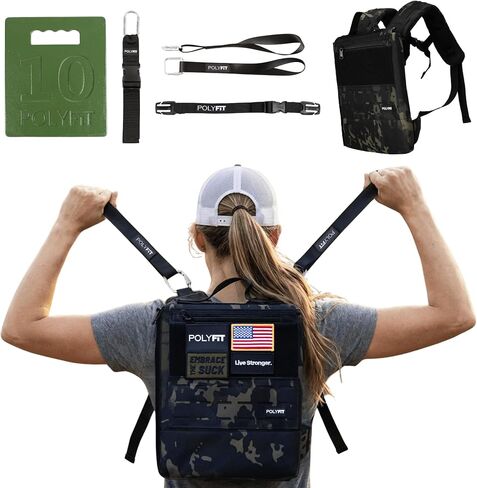 مجموعة Polyfit Rucking Starter - حقيبة ظهر للركض مع لوحة وزن 10 رطل، وأشرطة كبح، وحزام للصدر وحلقة تعليق للمشي والتنزه سيرًا على الأقدام وتدريب الأثقال in Kuwait