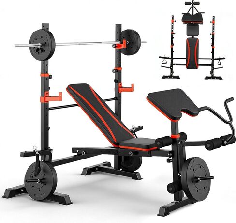 Foldable 1500LBS 8 IN 1 Olympic Weight Bench Set with Squat Rack, Leg Extension/Curl & Preacher Curl, Adjustable Bench Press Set with Safety Bar Catches for Home Gym Full Body Workout in Kuwait