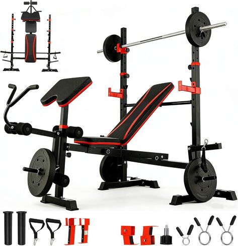 1500LB 8 IN 1 Olympic Weight Bench with Lat Pulldown and Leg Extension/Curl, Foldable Bench Press with Preacher Curl & Squat Rack, Workout Benches with Safety Bar Catches for Home Gym(US Stock) in Kuwait