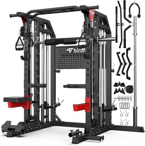 Multi-Function 2000LB Smith Machine Power Cage, Home Gym Squat Rack Featuring LAT Pulldown, Dual Pulley Cable Crossover, Gym-Quality Power Rack with Strength Training Attachments, Pegboard in Kuwait