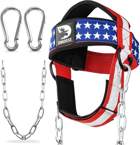 DMoose Fitness Neck Harness for Weight Lifting - Soft Padded Head & Chin Strap with 30" Heavy Duty Steel Chain - Neck Exerciser, Trainer & Strengthener to Support Injury Recovery and Intense Workouts in Kuwait
