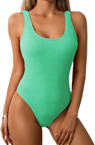 Limeeke Women One Piece Swimsuit Solid Ribbed Monokini Swimwear Scoop Neck Low Back Bathing Suit in Kuwait