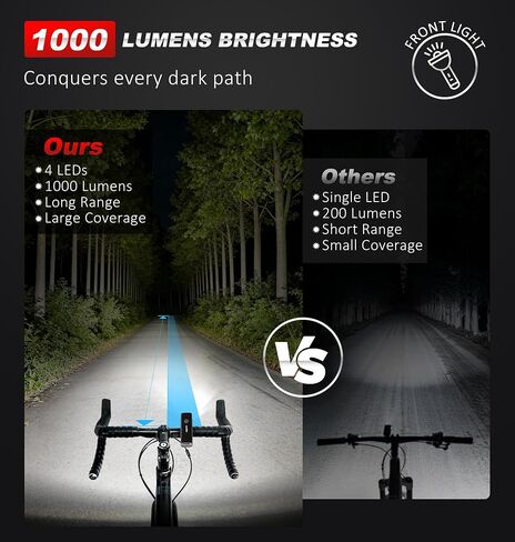 أضواء دراجة Ascher 1000 Lumens فائقة السطوع للركوب الليلي، ضوء دراجة قابل لإعادة الشحن USB من النوع C أمامي وخلفي، 4 أوضاع إضاءة، مصباح أمامي مقاوم للماء للدراجة وضوء خلفي لركوب الدراجات على الطريق in Kuwait