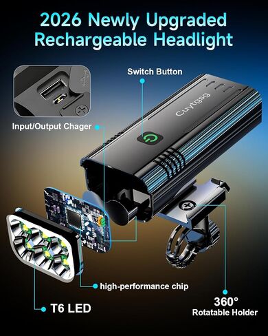 2026 Upgrade 6800Lumen Bike Light for Night Riding,Super Bright 6 LED Headlight,Aluminum 10 Mode Rechargeable Bicycle Light Front and Rear,360°Rotatable Brackt,Waterproof,Runtime 72 hr,Road Shockproof in Kuwait