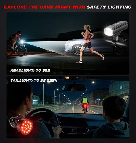 أضواء دراجة Ascher 1000 Lumens فائقة السطوع للركوب الليلي، ضوء دراجة قابل لإعادة الشحن USB من النوع C أمامي وخلفي، 4 أوضاع إضاءة، مصباح أمامي مقاوم للماء للدراجة وضوء خلفي لركوب الدراجات على الطريق in Kuwait