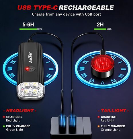 أضواء دراجة Ascher 1000 Lumens فائقة السطوع للركوب الليلي، ضوء دراجة قابل لإعادة الشحن USB من النوع C أمامي وخلفي، 4 أوضاع إضاءة، مصباح أمامي مقاوم للماء للدراجة وضوء خلفي لركوب الدراجات على الطريق in Kuwait