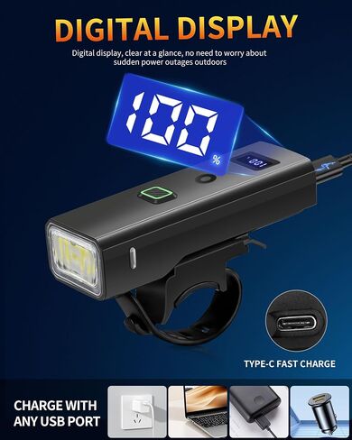 DARKBEAM Bike Light, High Lumens Super Bright Bicycle Front Headlight USB Rechargeable, Waterproof Cycling Lights 4-Mode for Night Riding, Road, Mountain, Safety, with LED Display & Light Sensor in Kuwait
