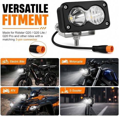 مناسب لضوء Baja لـ Ridstar q20، مناسب لـ Baja Light لـ Ebike، مصباح أمامي للدراجة الكهربائية 3 دبابيس، 20 وات 6000-6500 كلفن شعاع عالي أبيض متوافق مع Ridstar Q20/Q20 Lite/Q20 Pro، Ebike، دراجة نارية وATV in Kuwait