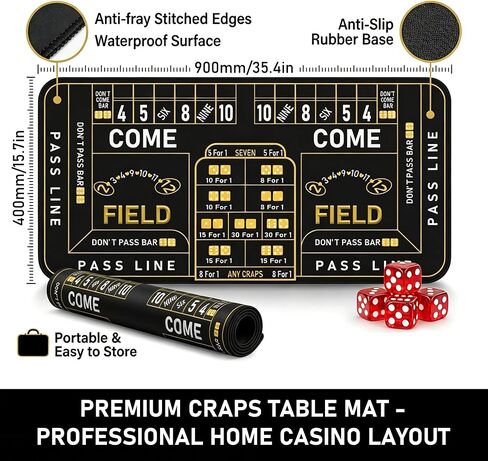 Craps Table Top Set: 900x 400mm Mini Craps Mat Table, 100 Poker Chips,5pcs Professional Dice & 3 Inch ON/Off Buttons, for Casino Game Nights Party Camping in Kuwait