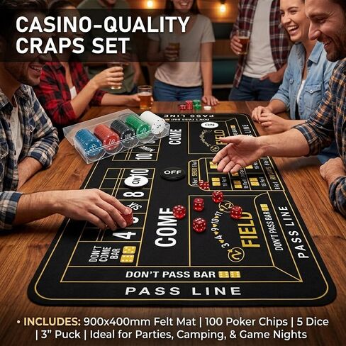 Craps Table Top Set: 900x 400mm Mini Craps Mat Table, 100 Poker Chips,5pcs Professional Dice & 3 Inch ON/Off Buttons, for Casino Game Nights Party Camping in Kuwait