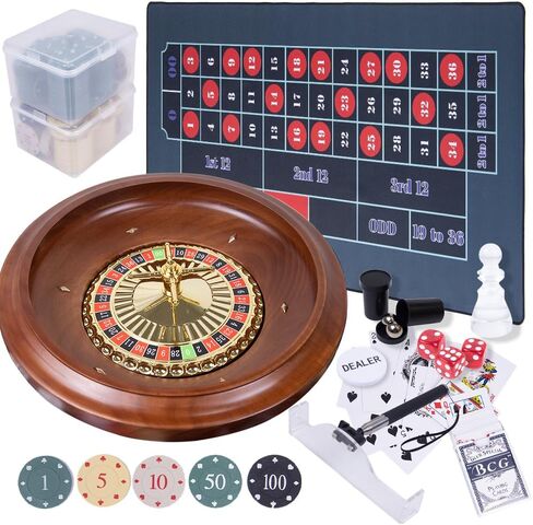 Extguds Roulette Wheel Game Set with Large Felt, 16 Inch Roulette Wheel, Retractable Chip Rake, 200 Chips, Roulette Marker, 2 Decks of Cards, 3 Dices, Canvas Bag, Commonly Used Games at Parties in Kuwait