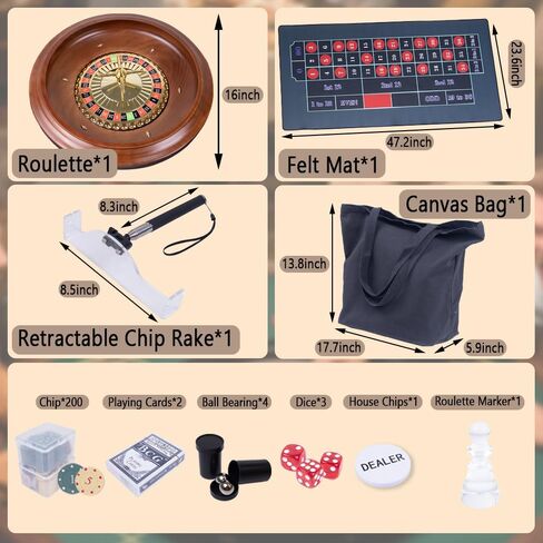 Extguds Roulette Wheel Game Set with Large Felt, 16 Inch Roulette Wheel, Retractable Chip Rake, 200 Chips, Roulette Marker, 2 Decks of Cards, 3 Dices, Canvas Bag, Commonly Used Games at Parties in Kuwait