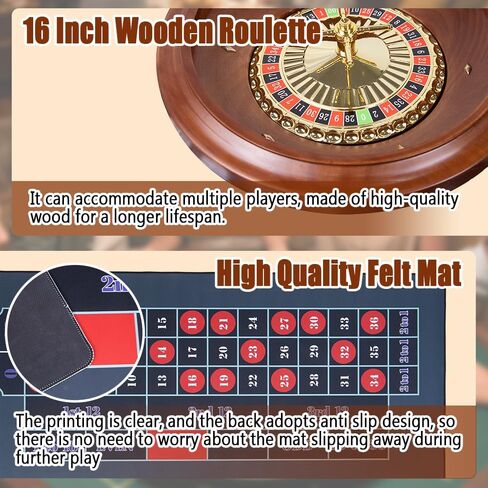 Extguds Roulette Wheel Game Set with Large Felt, 16 Inch Roulette Wheel, Retractable Chip Rake, 200 Chips, Roulette Marker, 2 Decks of Cards, 3 Dices, Canvas Bag, Commonly Used Games at Parties in Kuwait