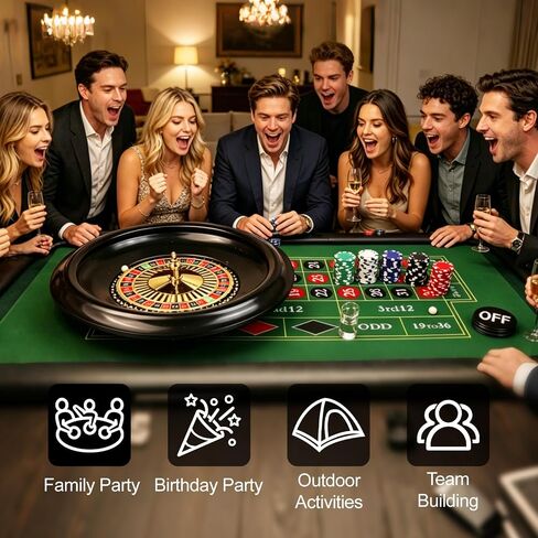 تشتمل مجموعة ألعاب Casino Night الكاملة على عجلة روليت خضراء مقاس 16 بوصة مقاس 35 بوصة × 16 بوصة، وبساط تخطيط منضدية مطاطي، و100 قطعة من أزرار تاجر الرقائق، ومجموعات ألعاب الكازينو، وأفكار للهدايا in Kuwait