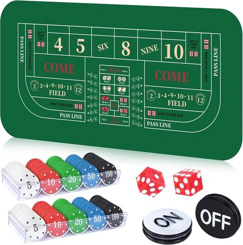 Craps Table Top Set, Includes 70" x 35" Rubber Craps Tabletop Layout Mat with Storage Bag, 2 Grade AAA 19mm Craps Dices, 200 Poker Chips and 3 Inch On/Off Buttons, Casino Games for Party（Red Dices） in Kuwait