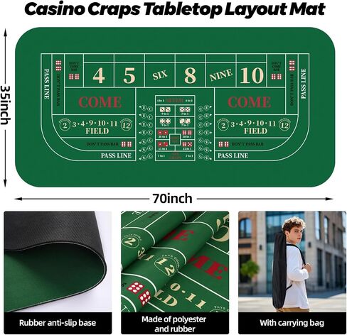 Craps Table Top Set, Includes 70" x 35" Rubber Craps Tabletop Layout Mat with Storage Bag, 2 Grade AAA 19mm Craps Dices, 200 Poker Chips and 3 Inch On/Off Buttons, Casino Games for Party（Red Dices） in Kuwait