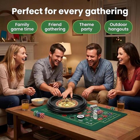 Roulette Wheel Game Set with 16" Black Wheel & 35"x18" Green Mat - Casino Tabletop Party Game for Adults, Families, Friends, Portable Casino Night Set, Premium Gift Ideas, Ages 14 and Up in Kuwait
