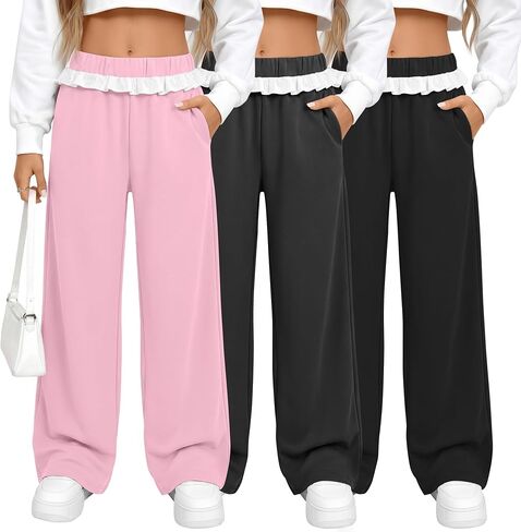 3 Pack Girls' Baggy Sweatpants Elastic Waist Ruffle Wide Leg Pants Pockets Athletic Trousers for Kids 5-14 Years in Kuwait