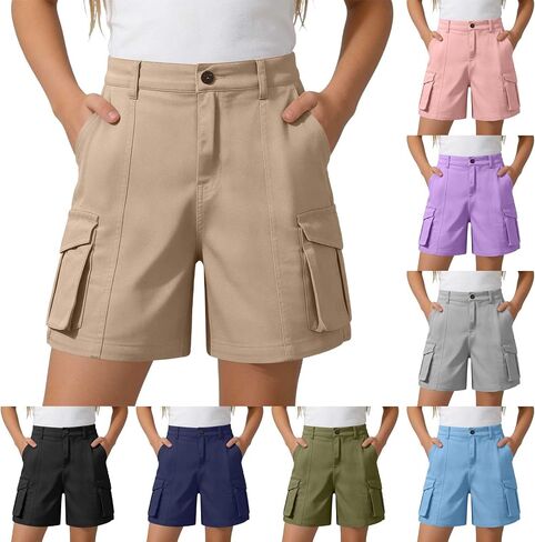 Girls Bermuda Cargo Shorts Baggy Hiking Teen Short Summer Casual Elastic High Waist Drawstring Pants with Pockets in Saudi Arabia