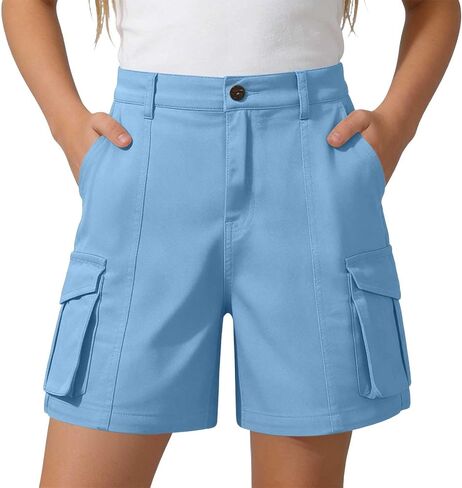 Girls Bermuda Cargo Shorts Baggy Hiking Teen Short Summer Casual Elastic High Waist Drawstring Pants with Pockets in Saudi Arabia
