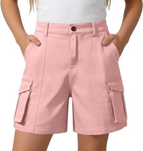 Girls Bermuda Cargo Shorts Baggy Hiking Teen Short Summer Casual Elastic High Waist Drawstring Pants with Pockets in Saudi Arabia