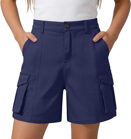 Girls Bermuda Cargo Shorts Baggy Hiking Teen Short Summer Casual Elastic High Waist Drawstring Pants with Pockets in Saudi Arabia