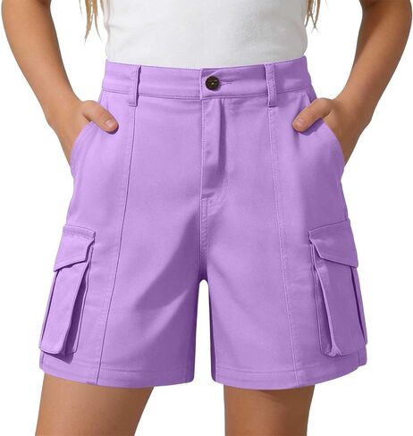 Girls Bermuda Cargo Shorts Baggy Hiking Teen Short Summer Casual Elastic High Waist Drawstring Pants with Pockets in Saudi Arabia