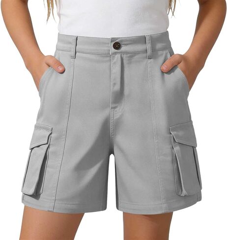 Girls Bermuda Cargo Shorts Baggy Hiking Teen Short Summer Casual Elastic High Waist Drawstring Pants with Pockets in Saudi Arabia
