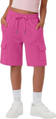 Girls Cargo Bermuda Shorts Athletic Knee Length Long Shorts with Pockets Kid Summer Drawstring Sweats for Ages 5-14 in Kuwait