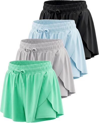 Real Essentials 4 Pack: Girls' 2-in-1 Dry Fit Athletic Flowy Shorts - Butterfly Dance Skirts for Youth & Teens (Ages 4-18) in Kuwait