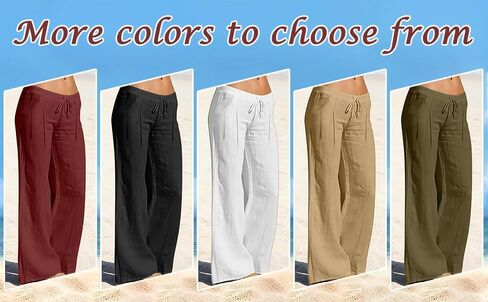 Wide Leg Linen Pants for Women Drawstring Elastic Waist Low Rise Trousers Summer Beach Vacation Outfits with Pockets in Kuwait