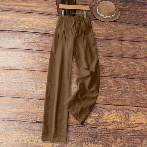 Wide Leg Linen Pants for Women Drawstring Elastic Waist Low Rise Trousers Summer Beach Vacation Outfits with Pockets in Kuwait