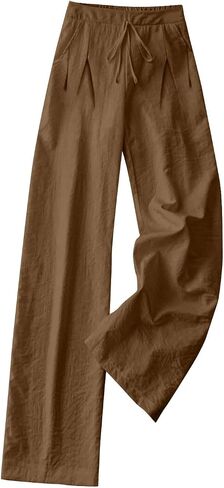 Wide Leg Linen Pants for Women Drawstring Elastic Waist Low Rise Trousers Summer Beach Vacation Outfits with Pockets in Kuwait