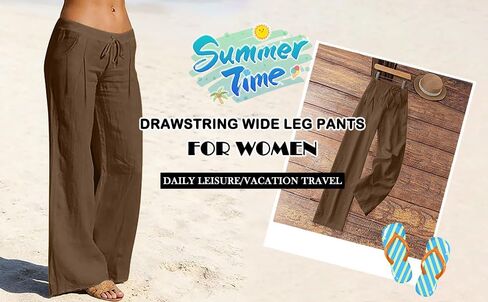 Wide Leg Linen Pants for Women Drawstring Elastic Waist Low Rise Trousers Summer Beach Vacation Outfits with Pockets in Kuwait