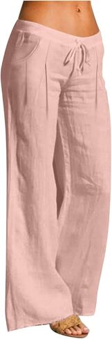 Wide Leg Linen Pants for Women Drawstring Elastic Waist Low Rise Trousers Summer Beach Vacation Outfits with Pockets in Kuwait