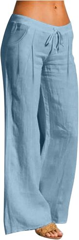 Wide Leg Linen Pants for Women Drawstring Elastic Waist Low Rise Trousers Summer Beach Vacation Outfits with Pockets in Kuwait