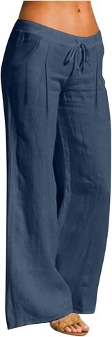 Wide Leg Linen Pants for Women Drawstring Elastic Waist Low Rise Trousers Summer Beach Vacation Outfits with Pockets in Kuwait