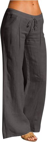 Wide Leg Linen Pants for Women Drawstring Elastic Waist Low Rise Trousers Summer Beach Vacation Outfits with Pockets in Kuwait