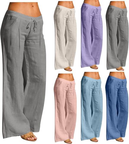 Wide Leg Linen Pants for Women Drawstring Elastic Waist Low Rise Trousers Summer Beach Vacation Outfits with Pockets in Kuwait