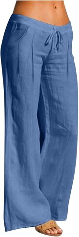 Wide Leg Linen Pants for Women Drawstring Elastic Waist Low Rise Trousers Summer Beach Vacation Outfits with Pockets in Kuwait