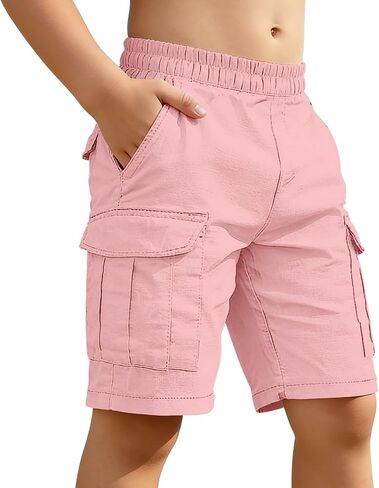 Boys Cotton Linen Cargo Shorts Elastic Waist Wide Leg Baggy Bermuda Shorts Kids Summer Casual Hiking Short Pants with Pockets in Kuwait