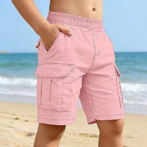 Boys Cotton Linen Cargo Shorts Elastic Waist Wide Leg Baggy Bermuda Shorts Kids Summer Casual Hiking Short Pants with Pockets in Kuwait