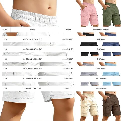 Boys Cotton Linen Cargo Shorts Elastic Waist Wide Leg Baggy Bermuda Shorts Kids Summer Casual Hiking Short Pants with Pockets in Kuwait