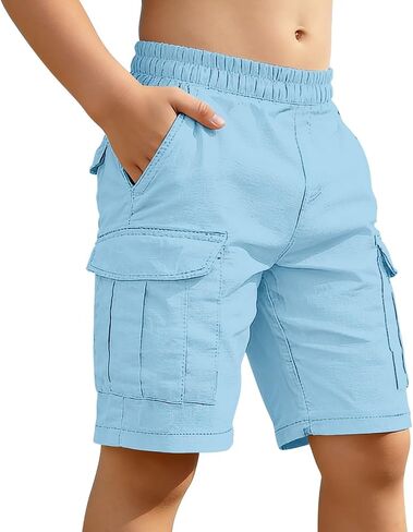 Boys Cotton Linen Cargo Shorts Elastic Waist Wide Leg Baggy Bermuda Shorts Kids Summer Casual Hiking Short Pants with Pockets in Kuwait