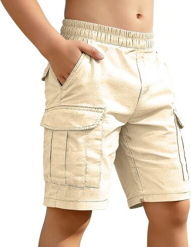 Boys Cotton Linen Cargo Shorts Elastic Waist Wide Leg Baggy Bermuda Shorts Kids Summer Casual Hiking Short Pants with Pockets in Kuwait