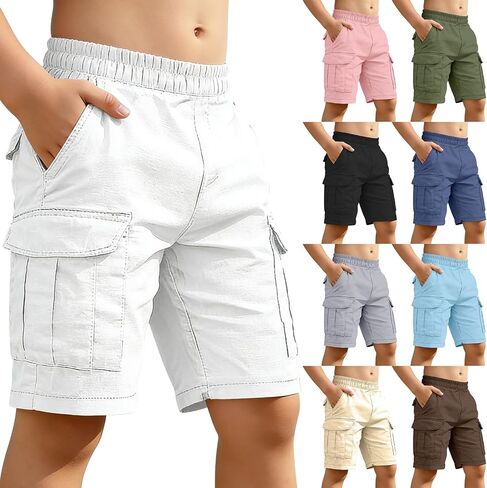 Boys Cotton Linen Cargo Shorts Elastic Waist Wide Leg Baggy Bermuda Shorts Kids Summer Casual Hiking Short Pants with Pockets in Kuwait