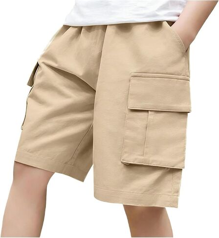 Boys Baggy Cargo Shorts Long Knee Length Wide Leg Bermuda Shorts Summer Trendy Elastic Waist Solid Outdoor Hiking Pant in Kuwait